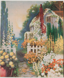 vintage calendar art with cottages, cabins, etc. circa 1930s-1940s
